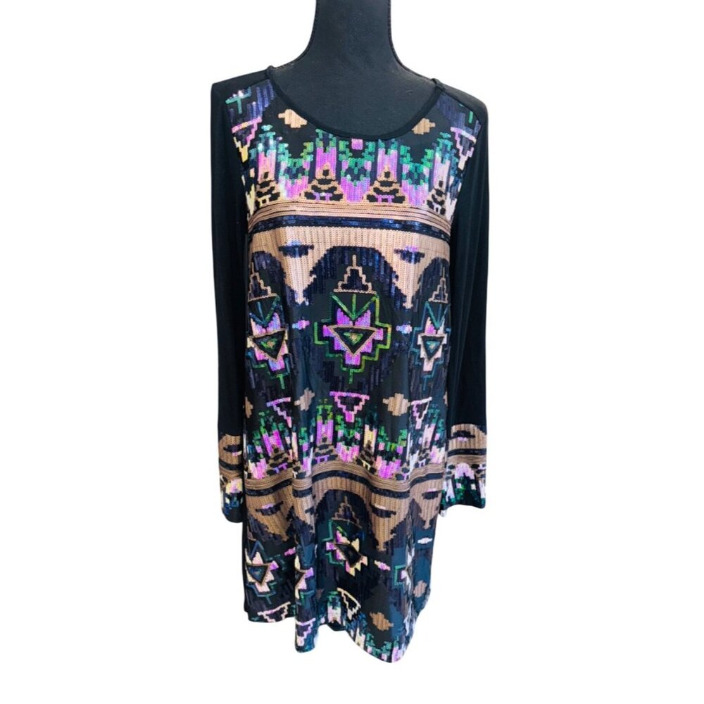 Mon Ami Blk Multicolor Sequin Geo Tunic Jersey Dress L/S M Evening Wear Cocktail